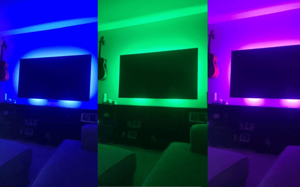 TV with blue, green, and purple lights set up through IFTTT.