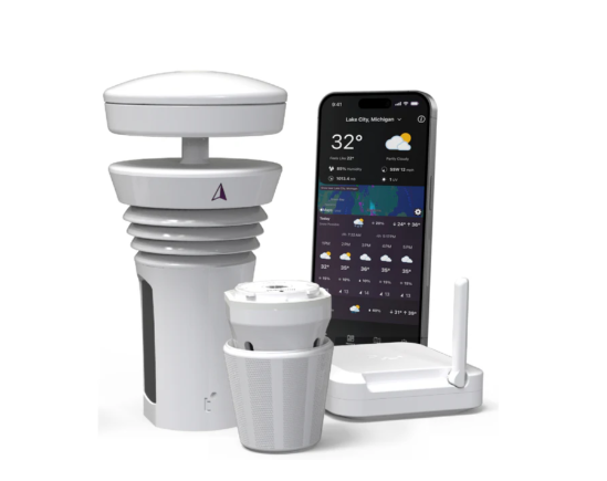 The Tempest Weather System with pole mount, hub device, and Tempest app shown on phone screen.