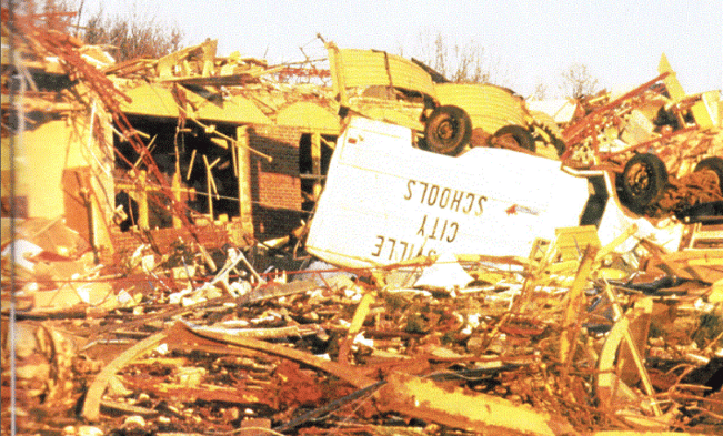 photo showing the devestation of the 1989 F4 tornado that ravaged Huntsville, AL